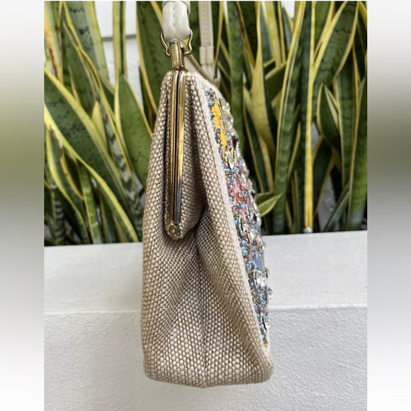 Floral Needlework Embroidery Jeweled Carpet Bag Pink Purple Purse Vintage 60s - Picture 4 of 9